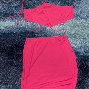 Pretty Little Thing pink ribbed halter neck cut out dress